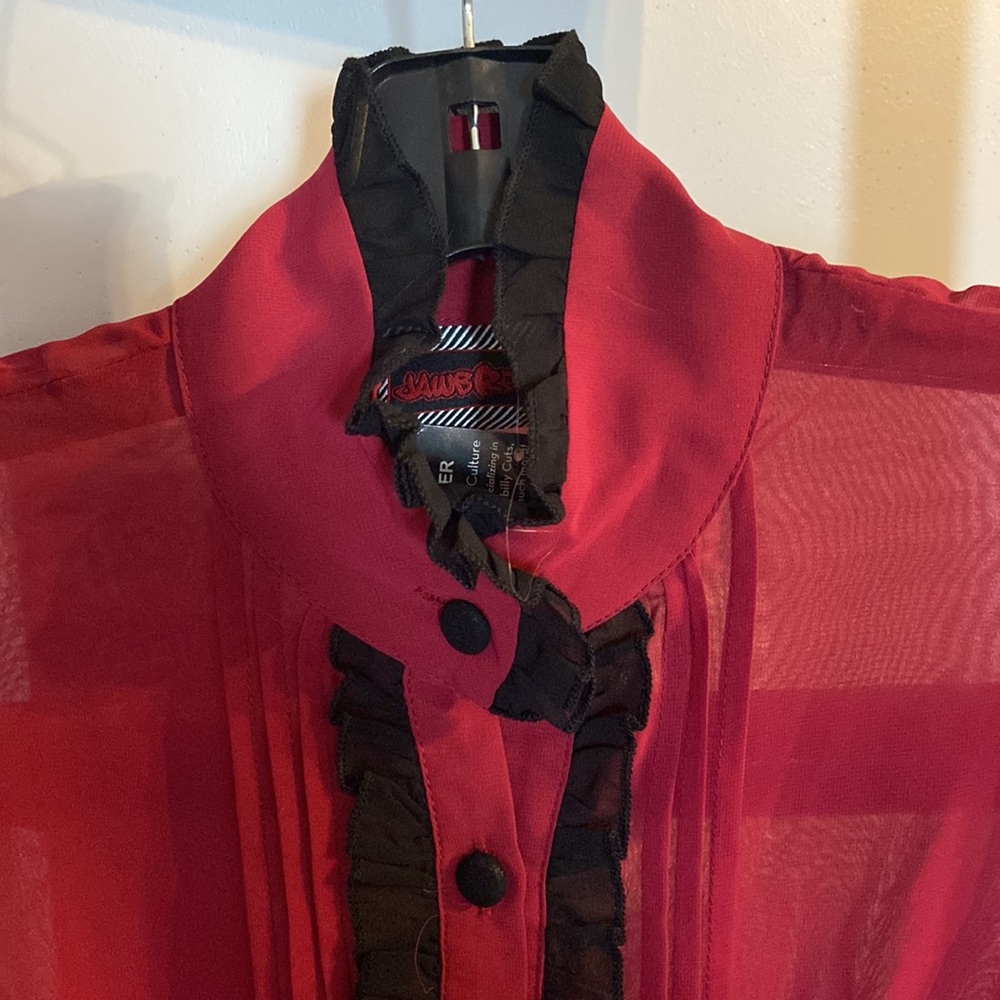 Women's Red Sheer Ruffled Button-Down Shirt - Picture 2 of 6